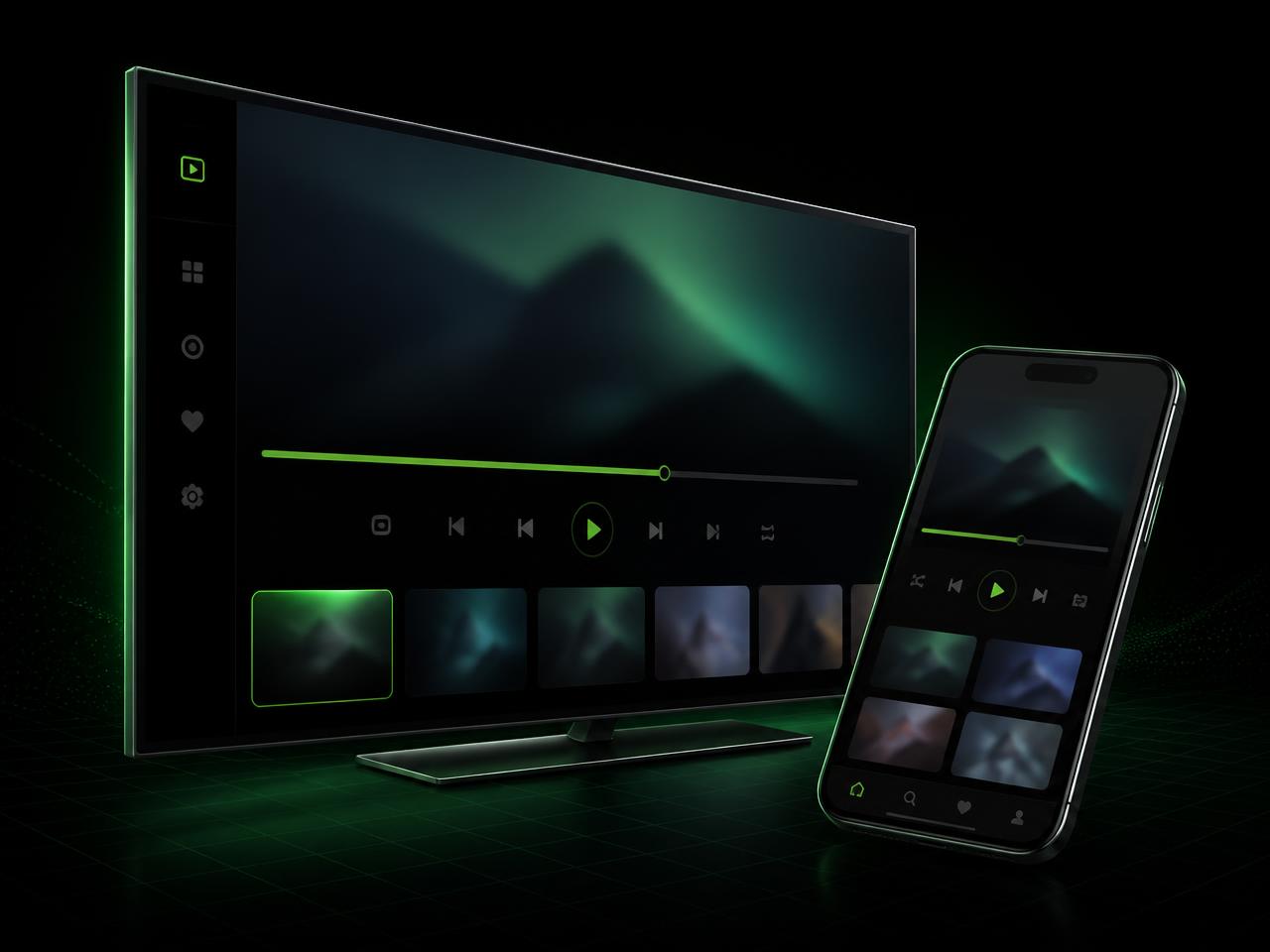 Interface do BELIRUNA PLAY exibida em uma TV e em um smartphone